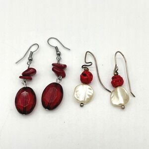 Red‎ & Faux Pearl Beaded Dangle Earrings Fashion Jewelry Women